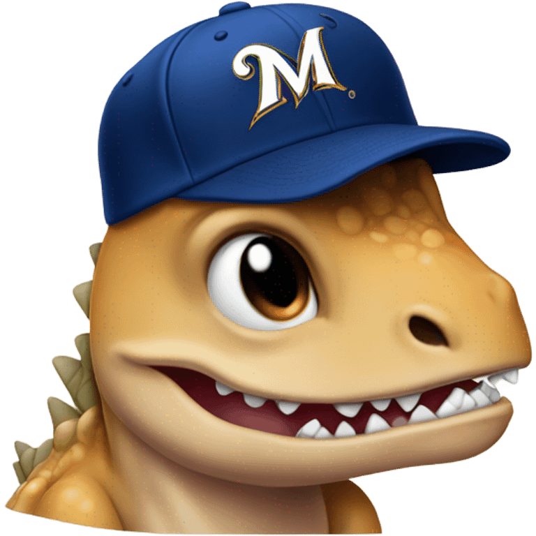 Crying baby dinosaur wearing a Milwaukee brewers hat  emoji