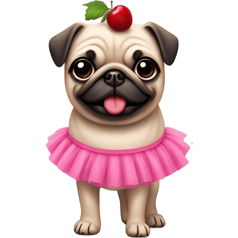 Fun pug wearing pink tutu wearing headband with cherries on it emoji