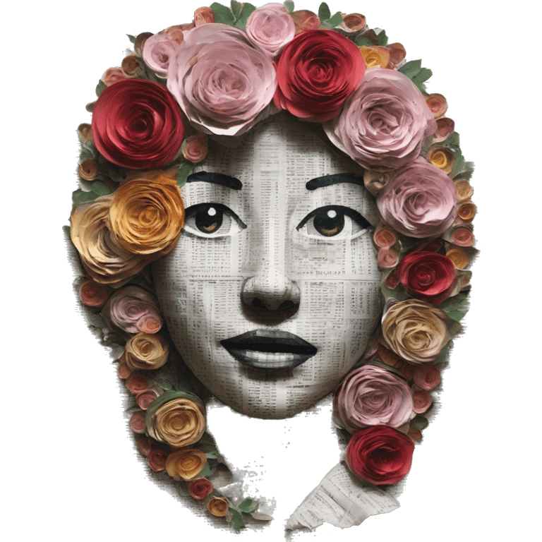 Person face portrait made entirely of newspaper cuttings and roses emoji