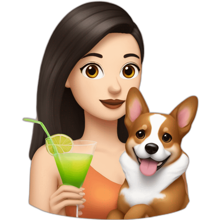 a white girl with dark hair holding a corgi and a cocktail emoji