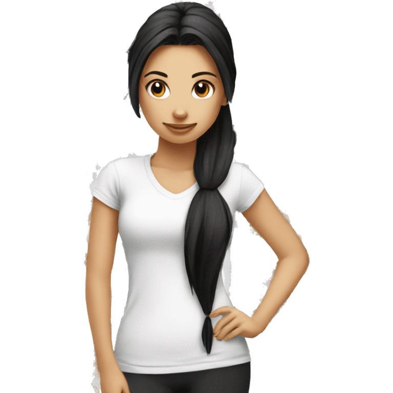 Girl will black pony tail white tee shirt yoga emoji