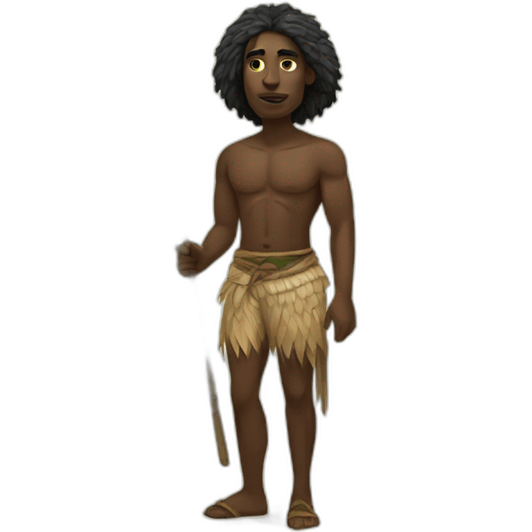 aborigine black man in shorts made of palm leaves with spear in hand emoji