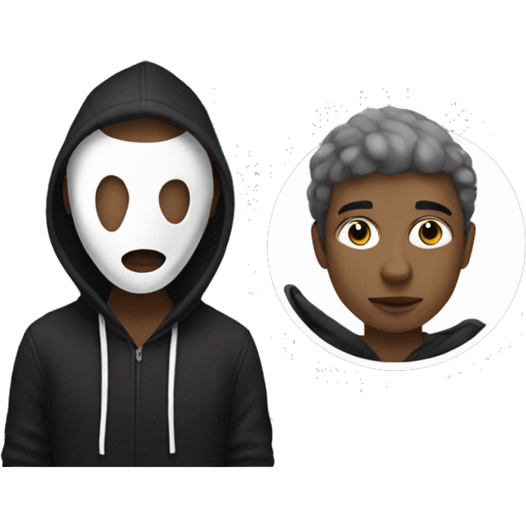 Male artist painting wearing white drama mask and black hoodie  emoji