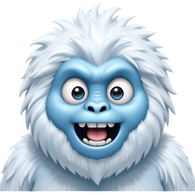 Cinematic Comical Yeti Portrait Emoji, with a cartoonishly exaggerated, fluffy figure in cool, frosty whites and icy blues, head tilted in an overly surprised expression with wide, comically sparkling eyes and a quirky, open-mouthed grin, simplified yet hilariously detailed, glowing with a soft frosty outline capturing the meme-worthy fun of a yeti in playful shock! emoji