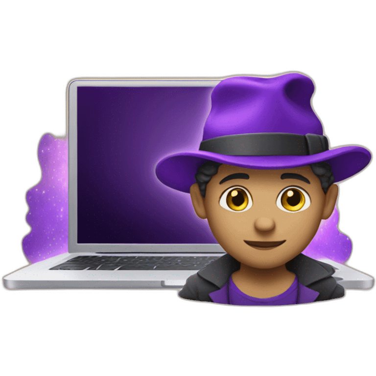 light skin magician with a purple magic hat working on a macbook emoji