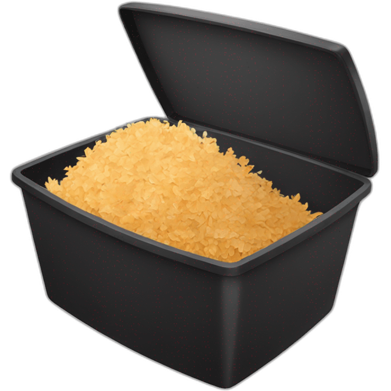 Black cubic plastic container with wood shavings inside emoji