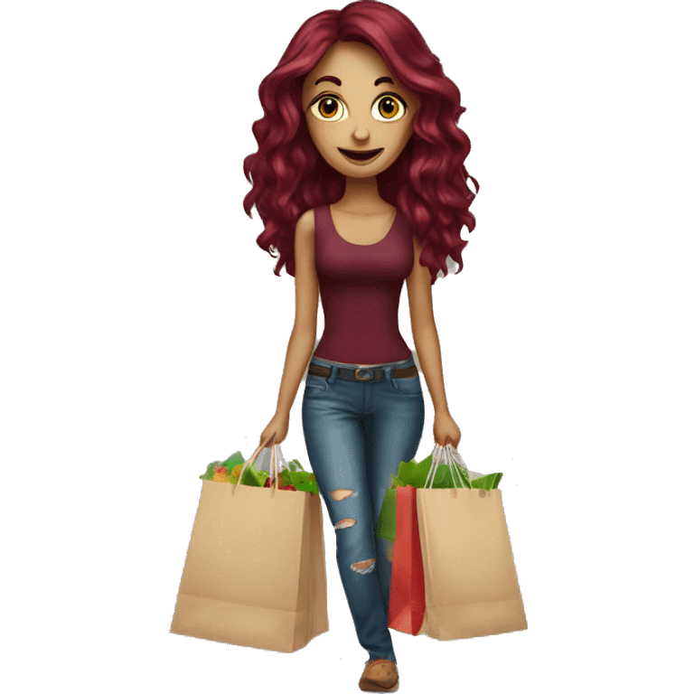 Beautiful tattooed burgundy long haired woman carrying a lot of shopping bags emoji