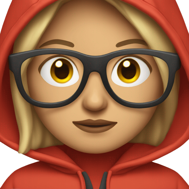 woman in a red hoodie closed over the face, showing only the glasses emoji