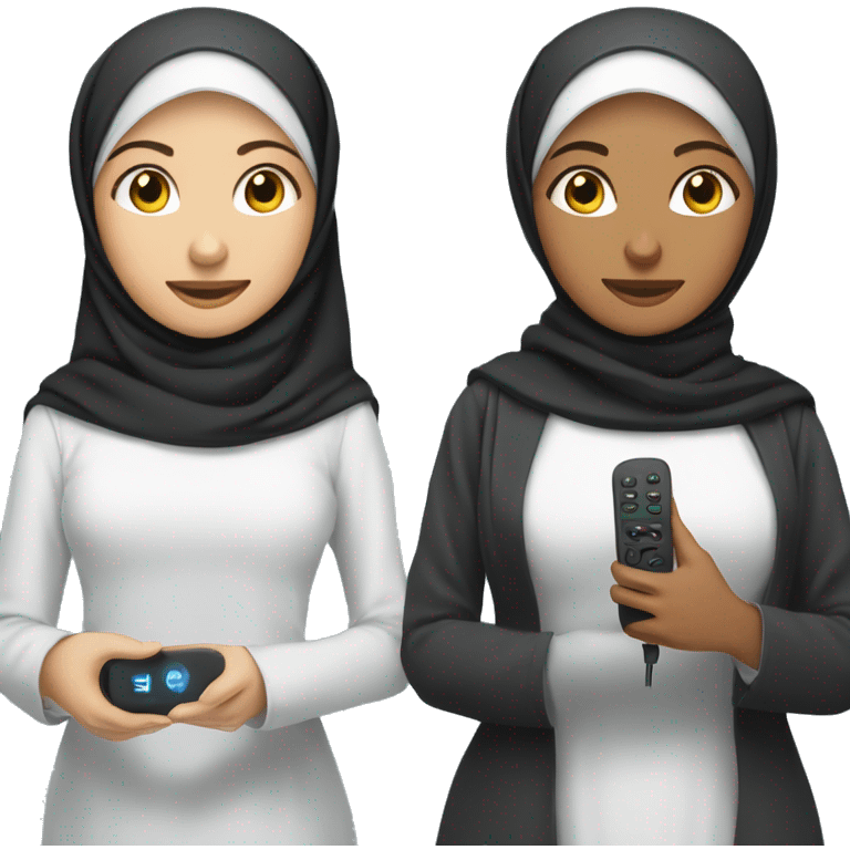 Hijabi girl holding  anki remote in one hand, computer emoji  in the other hand  emoji