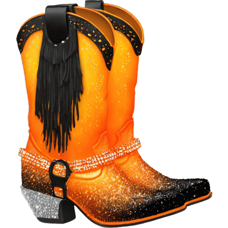 Realistic neon orange to black ombre pair of fashion cowgirl boots with sparkly shiny glitter fringe on them. emoji