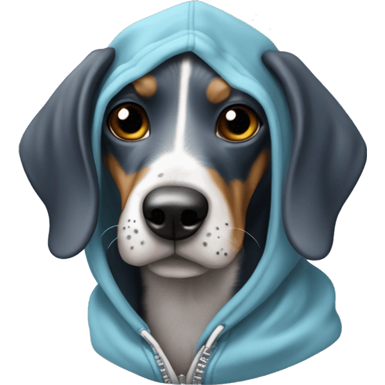 Miniature bluetick hound wearing a hoodie emoji