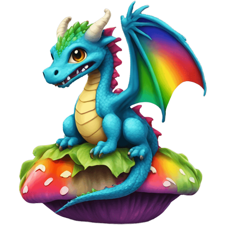 Rainbow Dragon sitting on a mushroom emoji