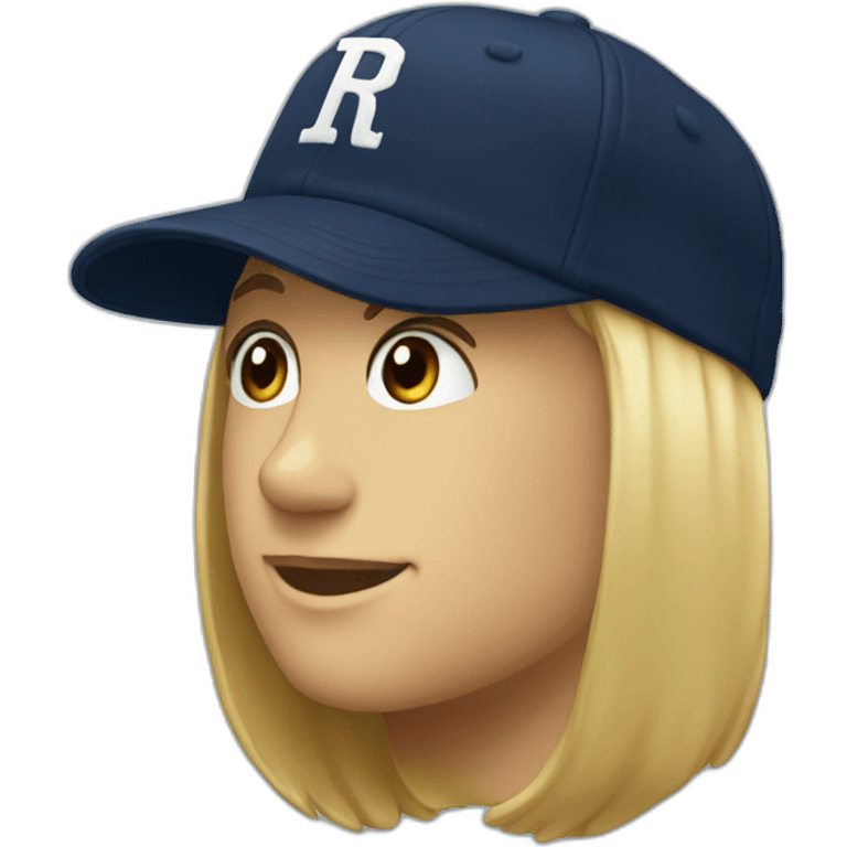 a navy baseball cap with a white letter R on the front emoji