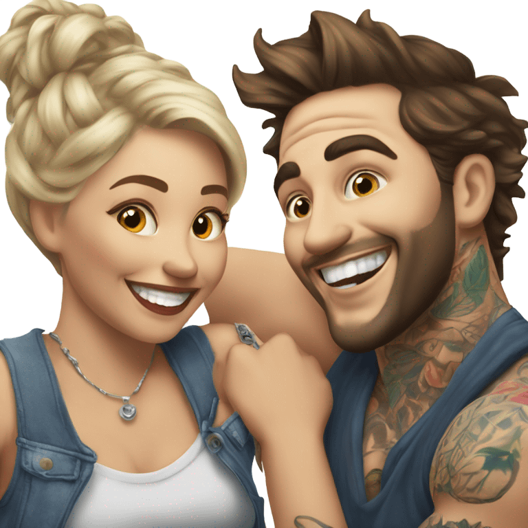 Hyper Realistic beautiful woman in the arms of a very handsome tattooed man laughing  emoji