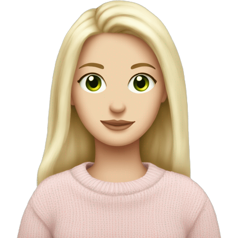 Pretty green eyed white girl with light pink sweater reading cozy emoji