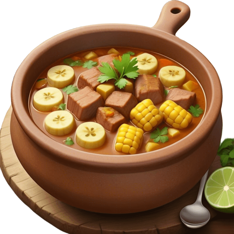 Cinematic Realistic Sancocho Antioqueño Emoji, depicting a hearty Colombian stew brimming with tender cuts of meat, yuca, plantains, corn on the cob, and potatoes in a rich, flavorful broth. Served in a rustic clay bowl with fresh cilantro and lime on the side, rendered with warm, inviting textures and homely, comforting lighting. emoji