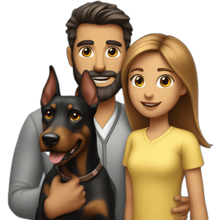 A  man with beard and with a beautiful girl playing with a boy Doberman dog emoji