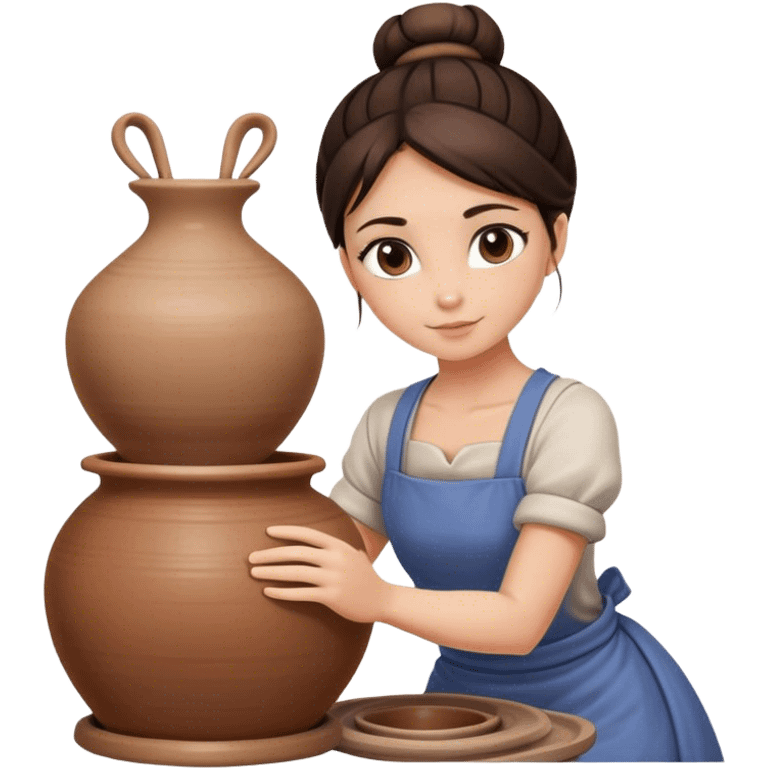 Brunette girl with bun, behind pottery wheel emoji