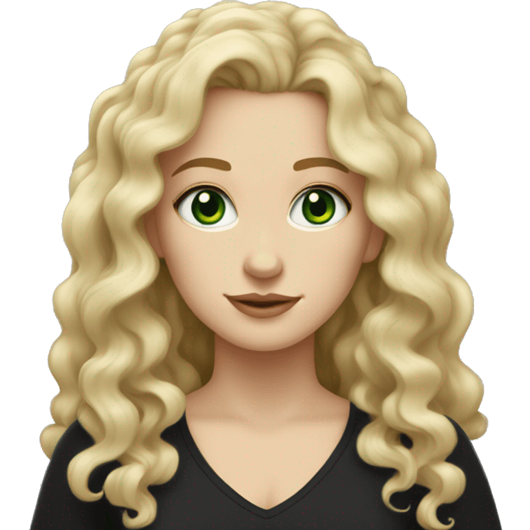 white girl with blonde curly to wavy hair green eyes wearing a black top emoji