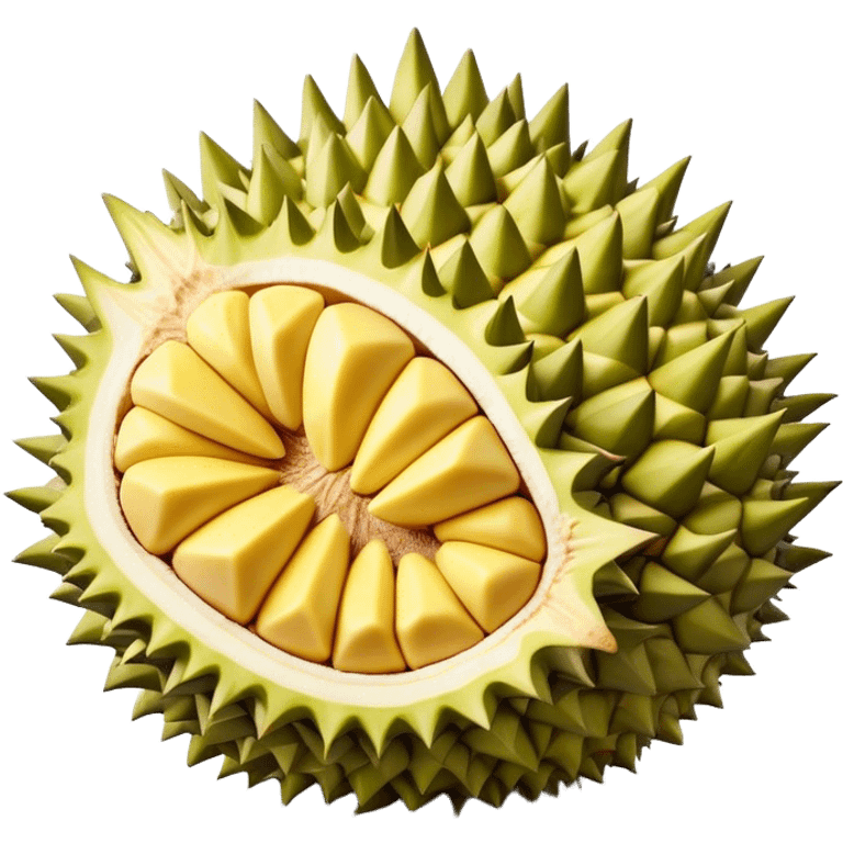 Cinematic Realistic Durian Fruit Dish Emoji, depicted as the notorious spiky fruit with a rich, custardy interior rendered with lifelike detail and bold, distinctive lighting. emoji