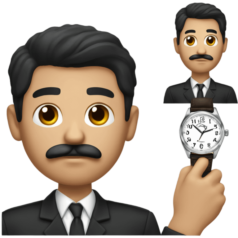 dark hair dark eye man with mustache looking at wrist watch emoji