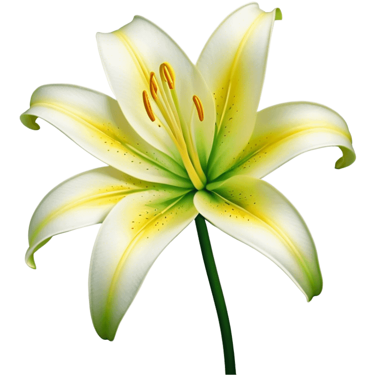 Cinematic Realistic Lily Emoji, Elegant and fragrant, with soft, white petals curling delicately around a golden-yellow stamen at its center. The long, slender green stem stands tall, supporting the vibrant bloom with its slightly curled tips. Soft glowing outline, capturing the essence of purity, elegance, and grace in a striking lily. emoji