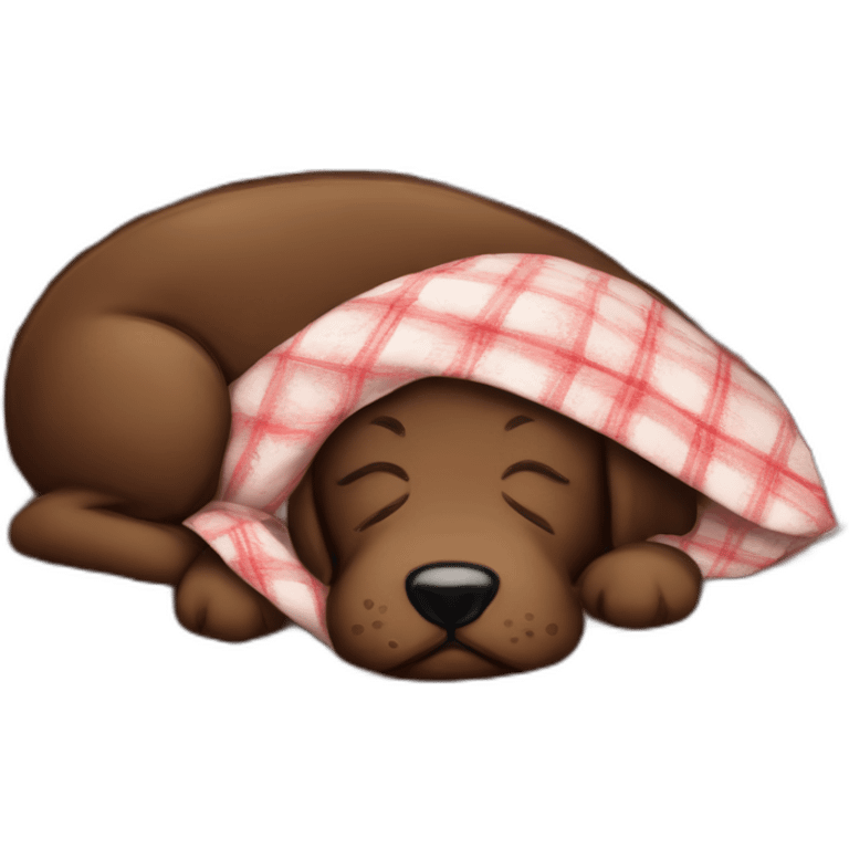 A chocolate colored doodle with a red and black flannel handkerchief sleeping emoji