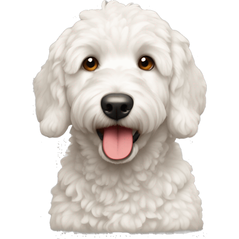 White Mini golden doodle with red ears emoji