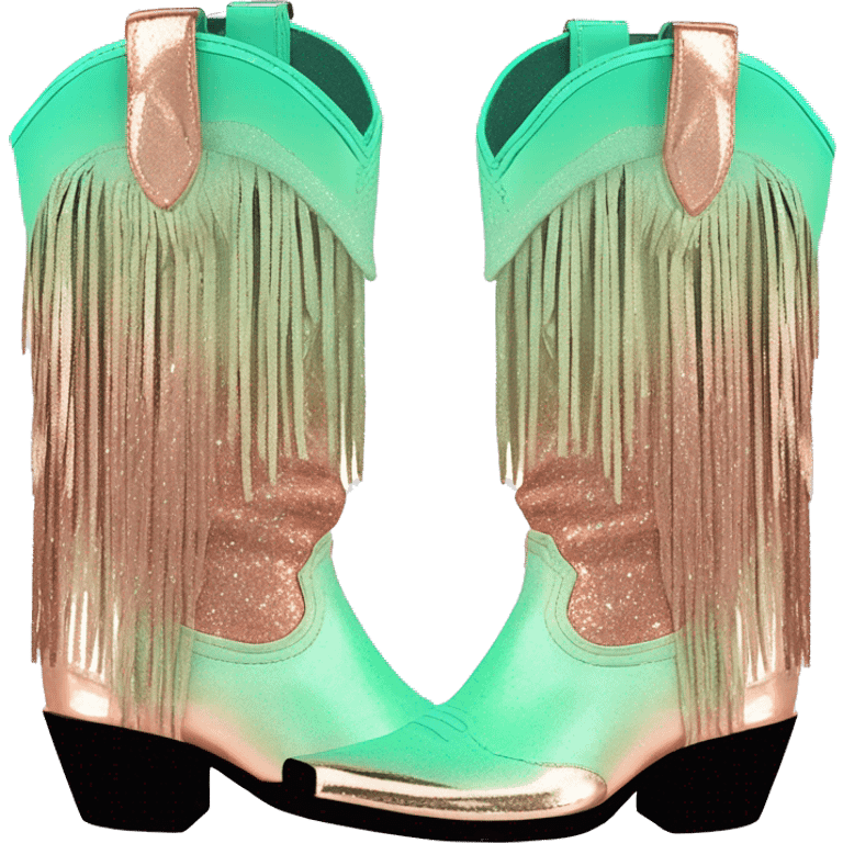 Realistic rose gold and mint green ombre pair of fashion cowgirl boots with sparkly shiny glitter fringe on them. emoji