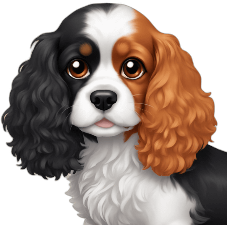 orange and white cavalier king charles spaniel and black poodle cuddle each other  emoji