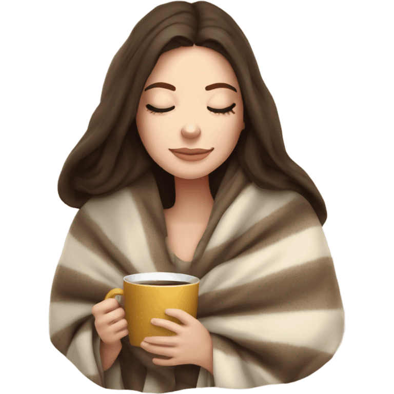 White girl brunette inside a blanket sipping coffee eyes closed emoji