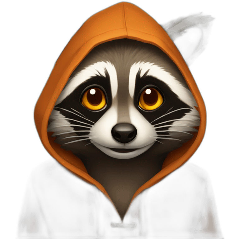 brown raccoon with orange eyes and a dark green hood that smile emoji