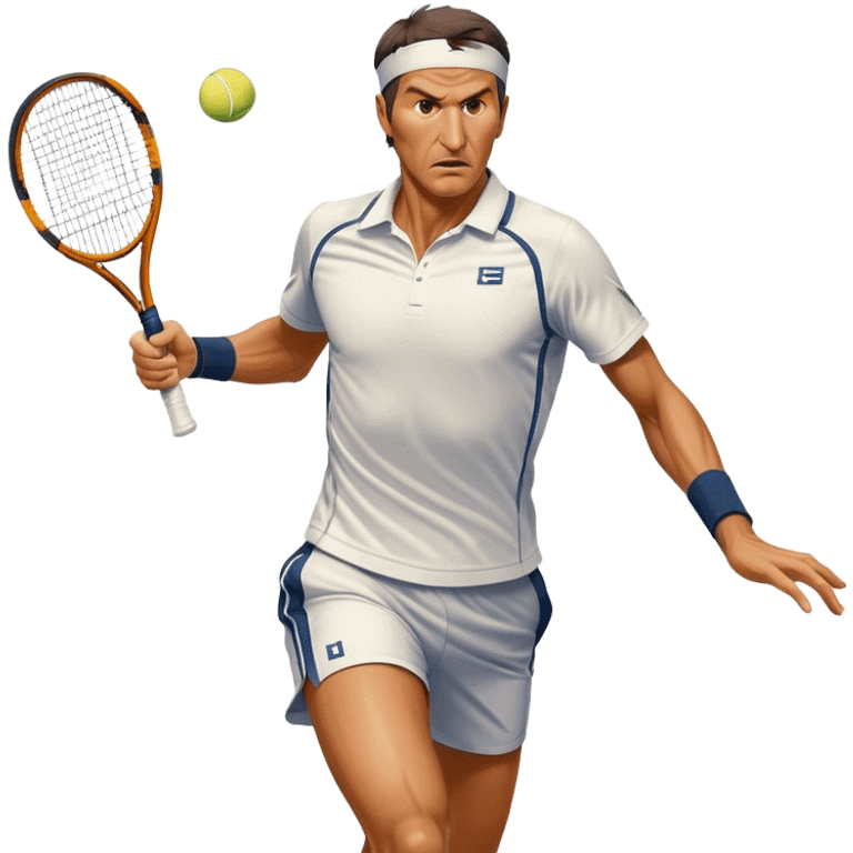 Cinematic Realistic portrait of Goran Ivanišević, depicted as an iconic tennis player in dynamic motion with detailed athletic gear and intense focus, illuminated by bold stadium lighting that accentuates his competitive spirit. emoji