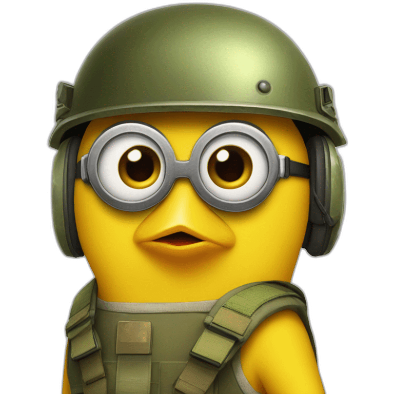 Un poussin jaune avec un casque militaire minion emoji