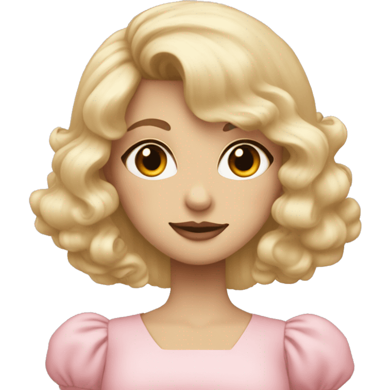 Blonde, pale girl with bangs and long, curly hair and a pastel pink puff sleeve dress emoji