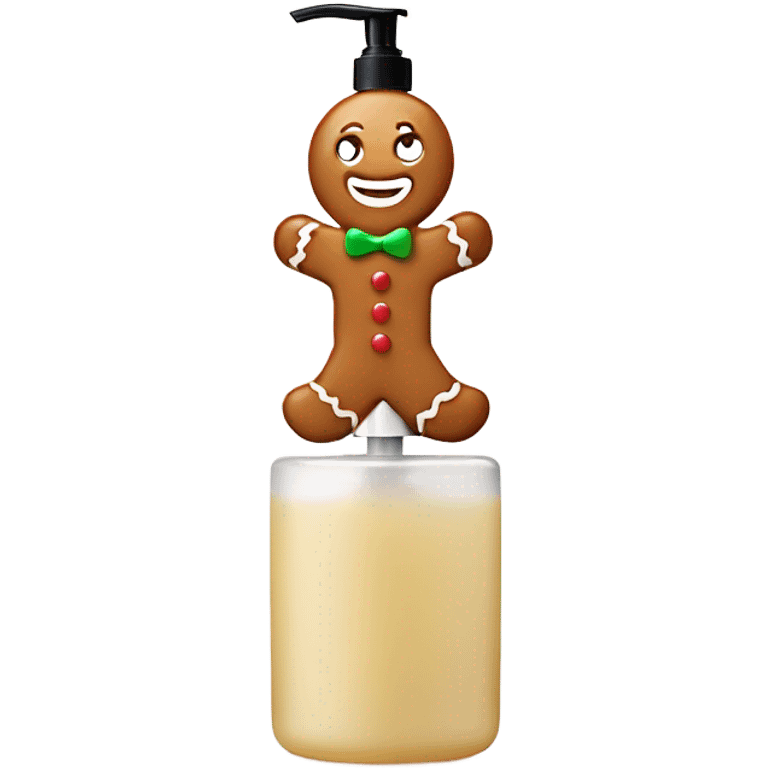 Gingerbread man on a hand soap container he is happy emoji