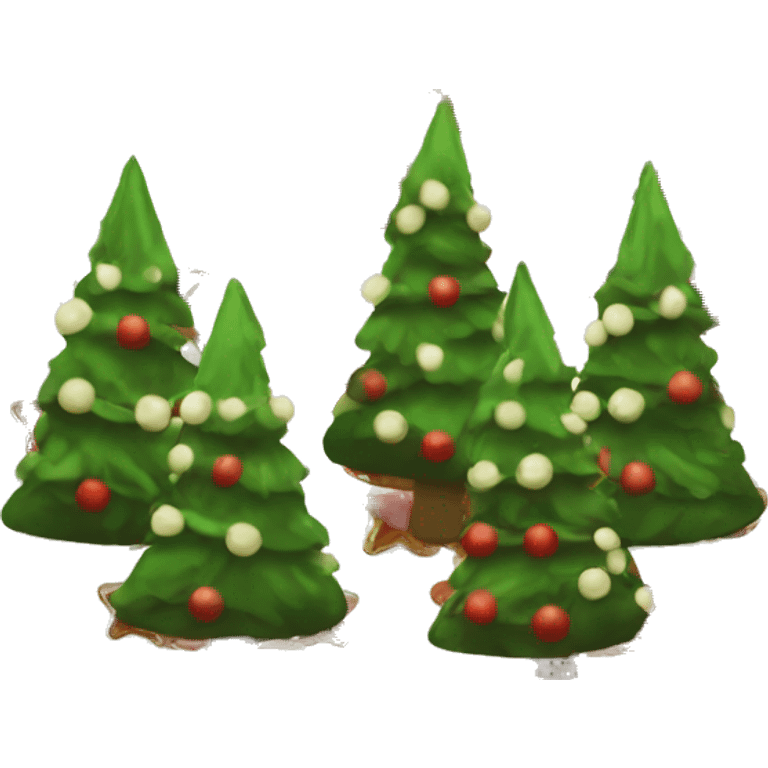 three christmas trees with brown, white and red ornaments and creem bows emoji