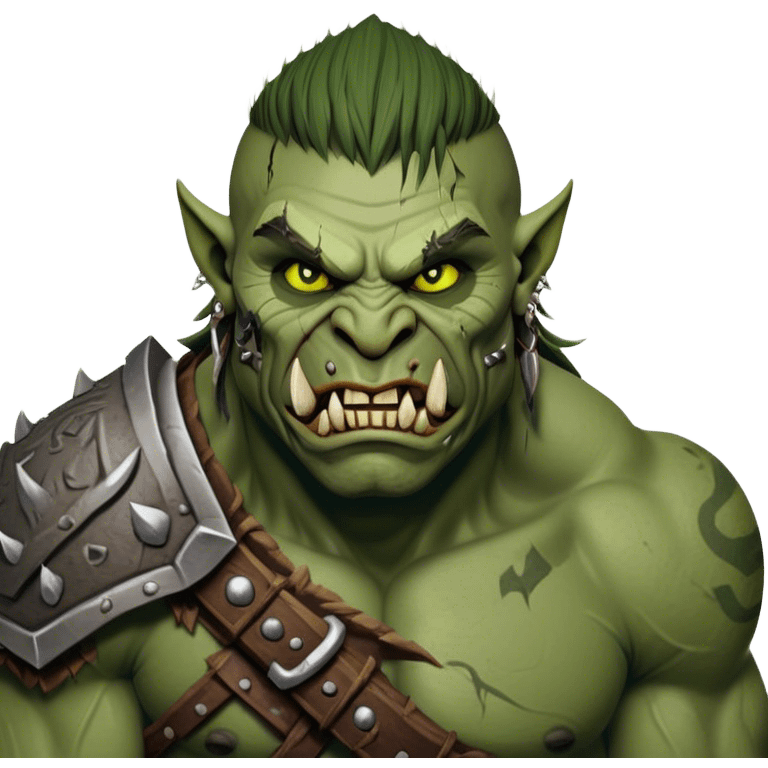 Cinematic Realistic WoW Orc Warrior Portrait, head tilted dramatically with an exaggeratedly amused expression, blending raw, primal might with a touch of unexpected humor. His battle-scarred green skin, robust muscles, and intricately detailed tribal armor in deep, earthy tones are rendered with lifelike texture and dynamic lighting, high shine, dramatic yet whimsical, capturing an orc warrior whose epic strength is matched by a playful, irreverent charm. emoji