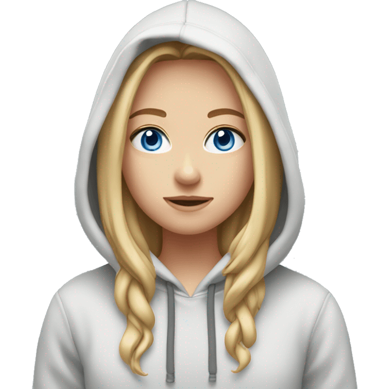 A girl with big, blue eyes, shoulder-length straight light hair, wearing a hoodie. emoji