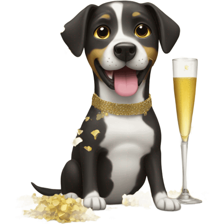 Dog drinking champagne with confetti falling emoji