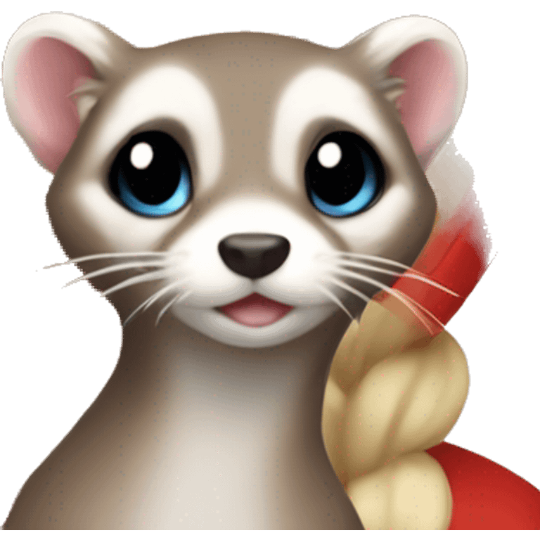 Ferret in hands of a blond girl with blue eyes and long eyelashes in red hoodie  emoji