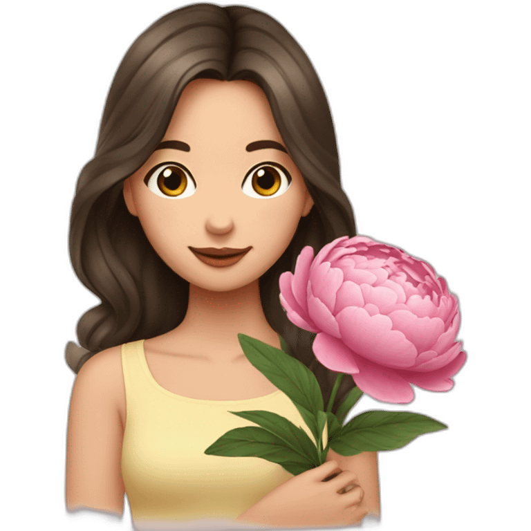 brunette girl smells flowers peonies emoji