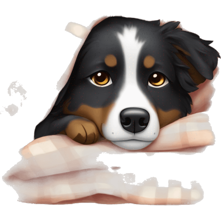 Small black australian shepherd dog sleeping with blanket  emoji