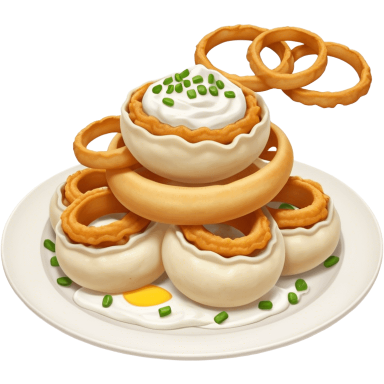 Ukrainian semi-oval dumplings with fried onion rings and sour cream on top emoji