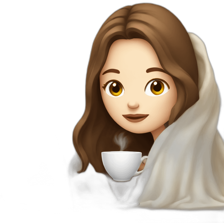 girl with pale skin and brown long hair inside a white blanket sipping coffee eyes closed behind a laptop emoji