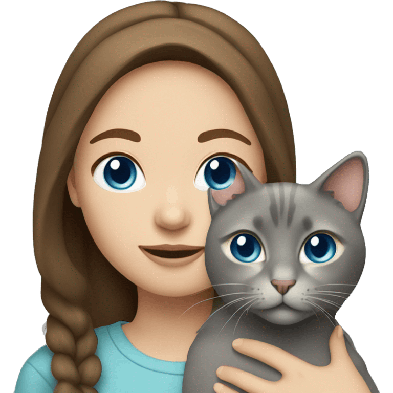 Girl with brown hair and blue eyes holding gray cat emoji