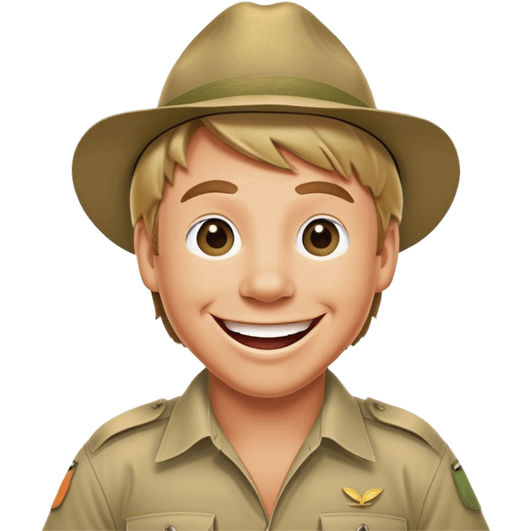 Cinematic Realistic Steve Irwin Portrait Emoji, depicted as a passionate wildlife expert in his signature khaki attire with an enthusiastic smile and a backdrop of the Australian outback, rendered with vibrant textures and dynamic natural lighting that captures his adventurous spirit. emoji