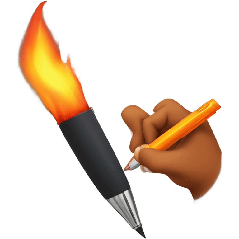 A hand holding a pen and writing with flames coming from the paper emoji