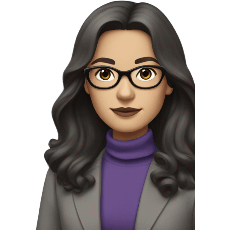 Tv show young Diana Prince wearing grey suit with silk voile purple turtleneck and black eyeglasses, long flowing hair  emoji