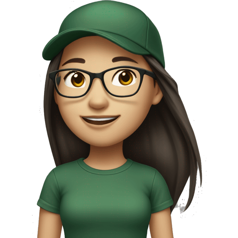 Hyper realistic, look from side, asian girl, light white skin, smiling with teeth, black eyes, spotted frame glasses, long brown straight hair with highlighted strands, black T-shirt, dark green cap. emoji